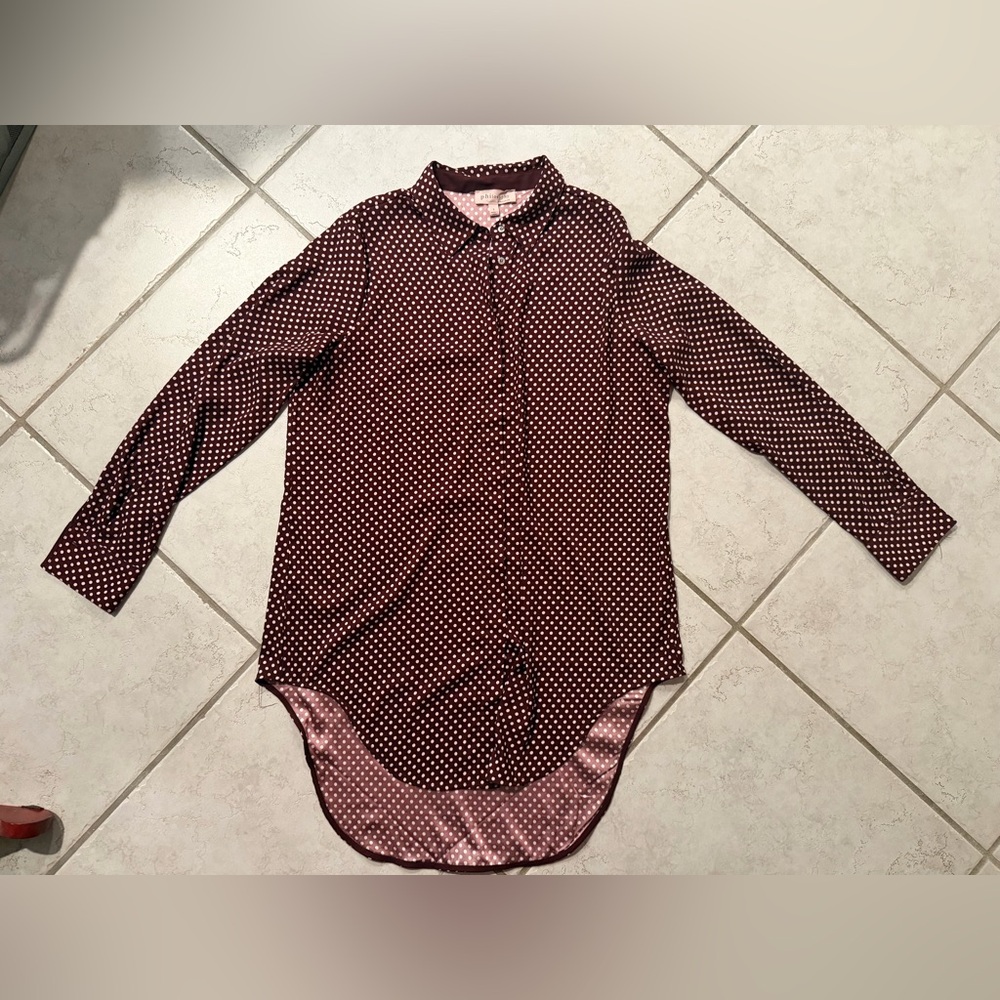 Philosophy Button Up Night Gown Shirt  Medium Wine w/Pink Polka Dots